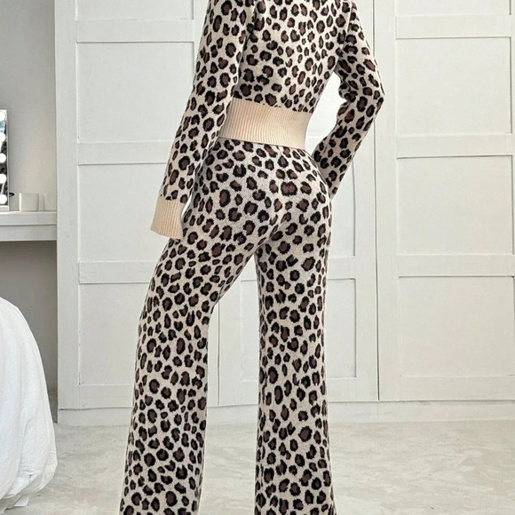 Multicolor Casual Women's Knit Sweater & Wide Leg Leopard Print Pants Set - Picture 7 of 7